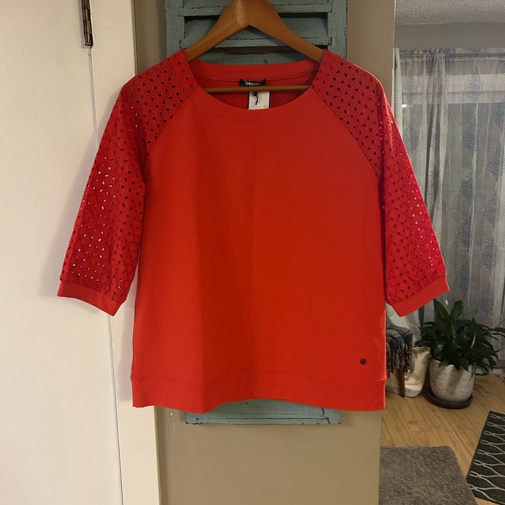 Beautiful Coral Eyelet Sleeve Top by Olsen